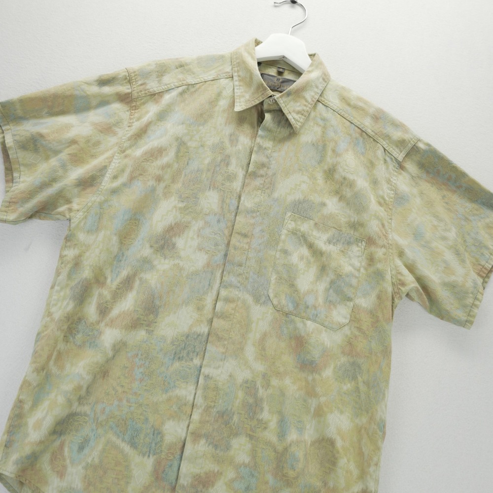 Bugatchi Uomo Mens M Short Sleeve Button Down Shirt Sage Green Jacquard